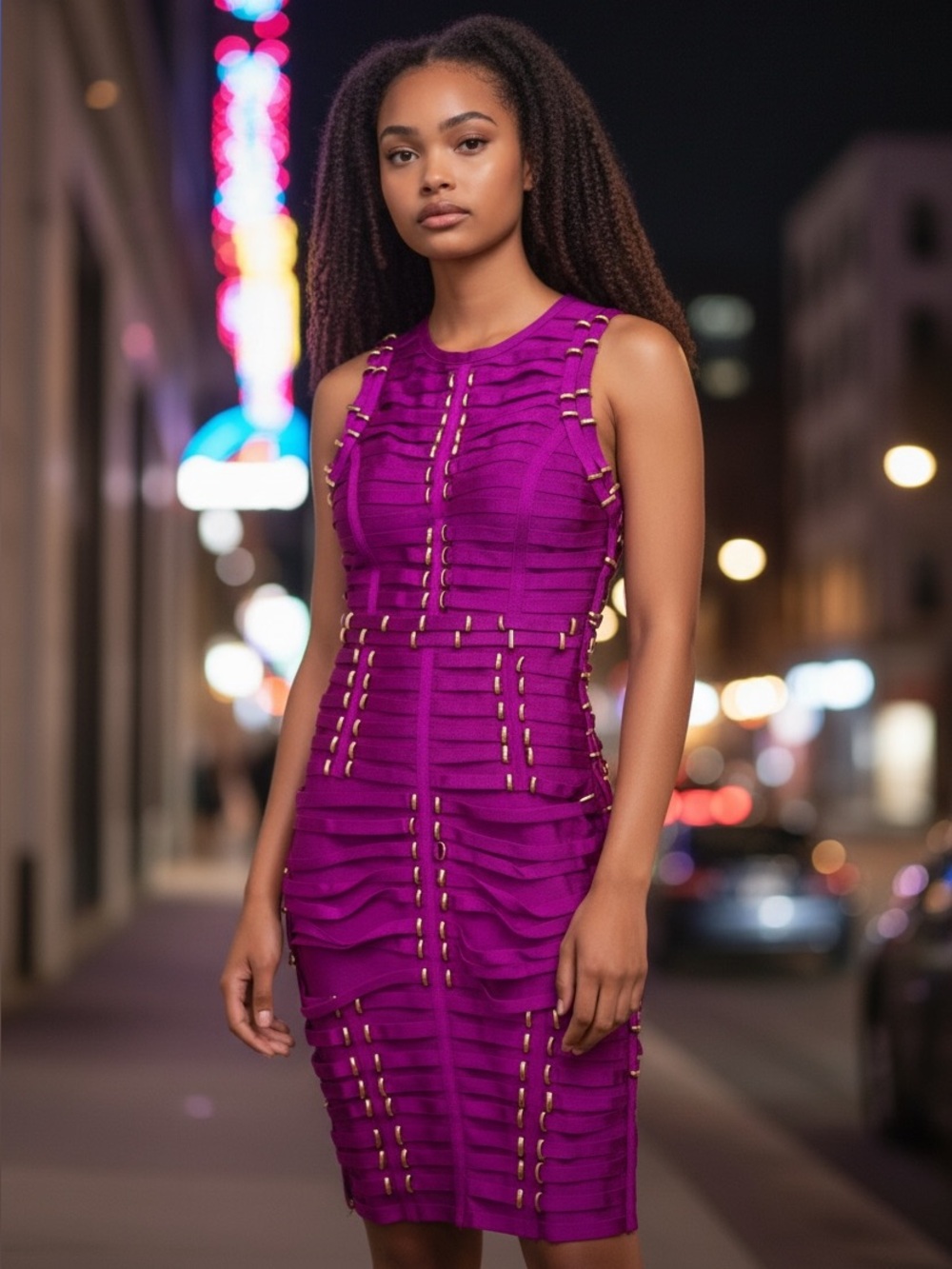 💜 Fashion Nova Fuchsia Bandage Bodycon Dress Gold Hardware NWT